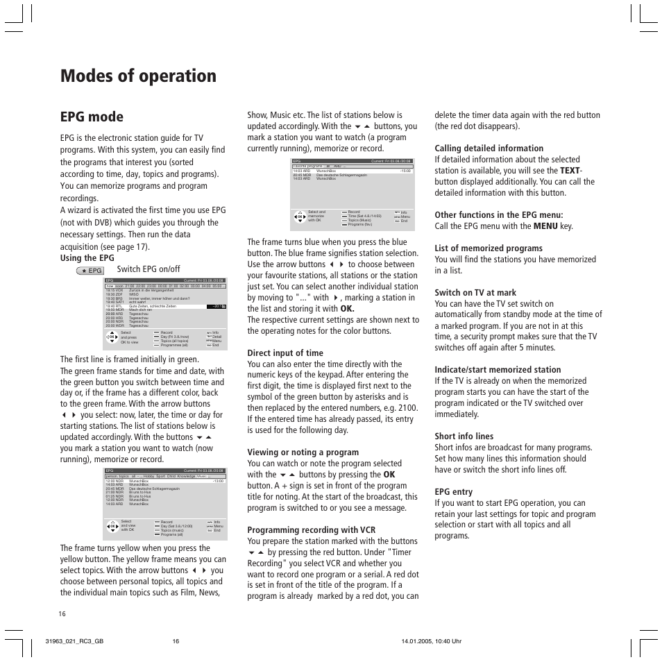 Modes of operation, Epg mode | Loewe SL 37 HD User Manual | Page 16 / 44