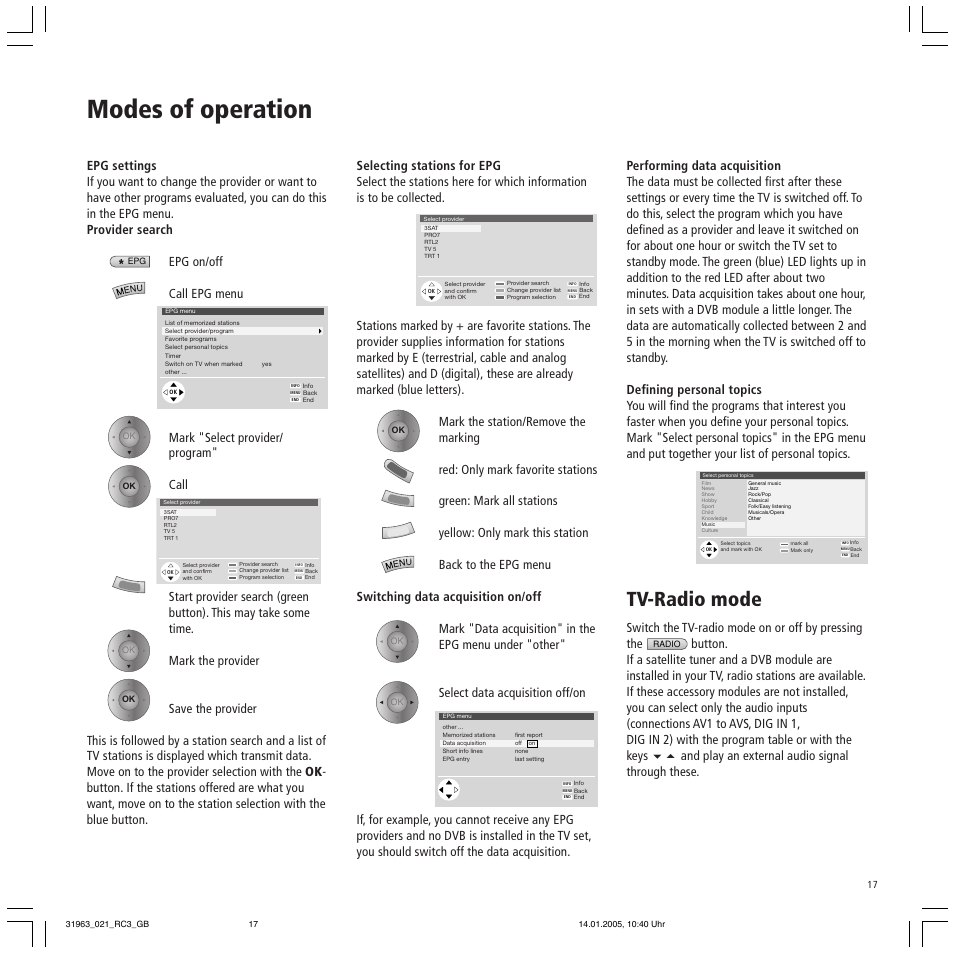 Modes of operation, Tv-radio mode, Switch the tv-radio mode on or off by pressing the | Loewe SL 37 HD User Manual | Page 17 / 44