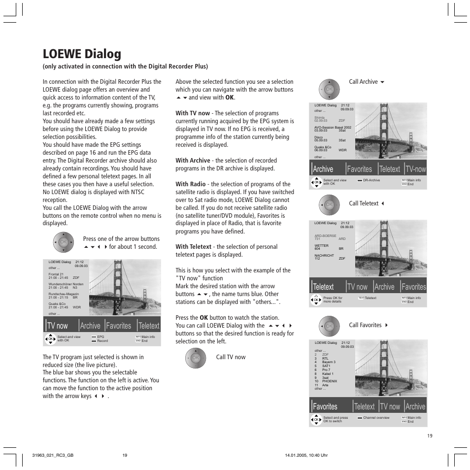 Loewe dialog, Tv now, Archive | Favorites, Teletext, Tv-now | Loewe SL 37 HD User Manual | Page 19 / 44