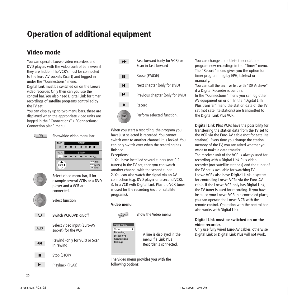 Operation of additional equipment, Video mode | Loewe SL 37 HD User Manual | Page 20 / 44