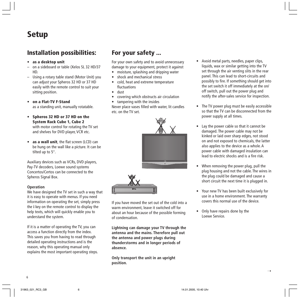 Setup, Installation possibilities, For your safety | Loewe SL 37 HD User Manual | Page 6 / 44