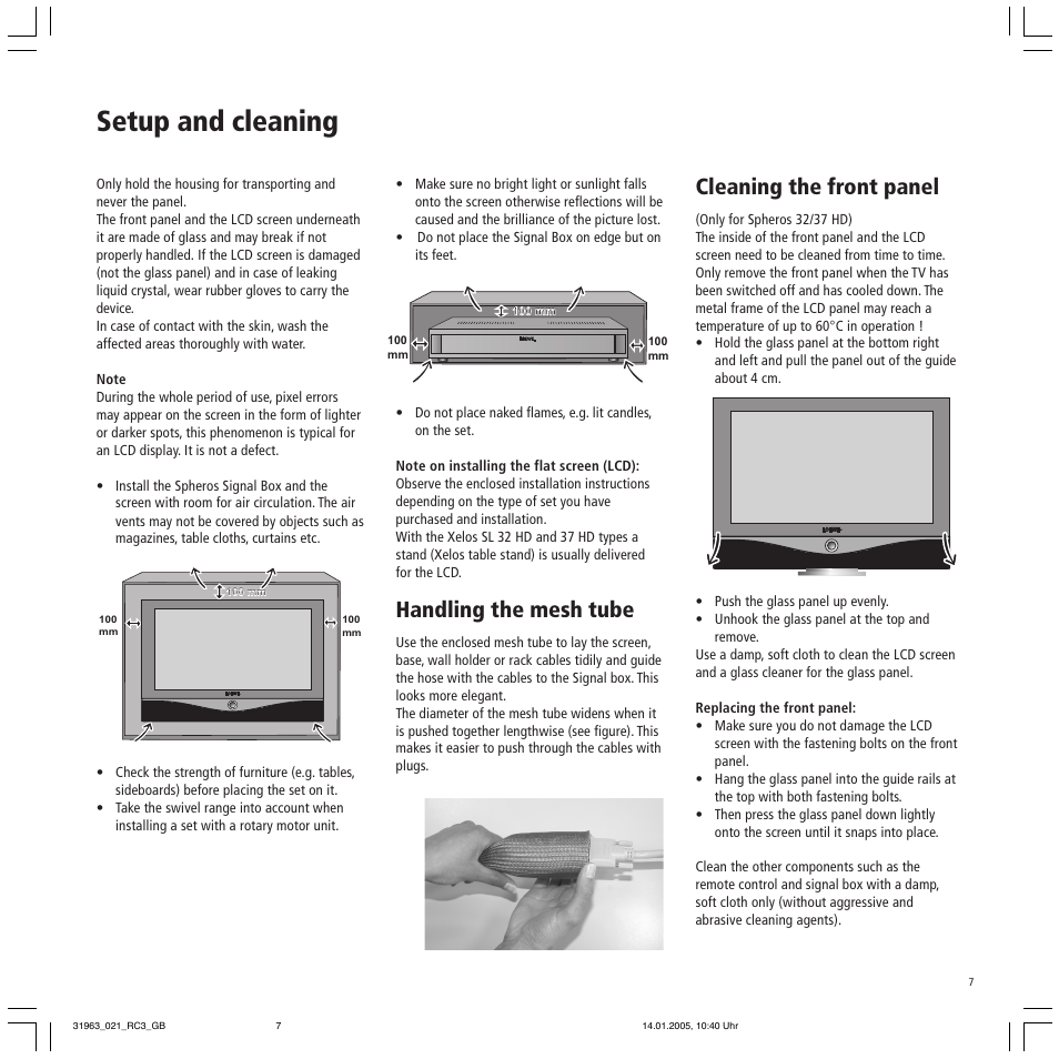 Setup and cleaning, Handling the mesh tube, Cleaning the front panel | Loewe SL 37 HD User Manual | Page 7 / 44