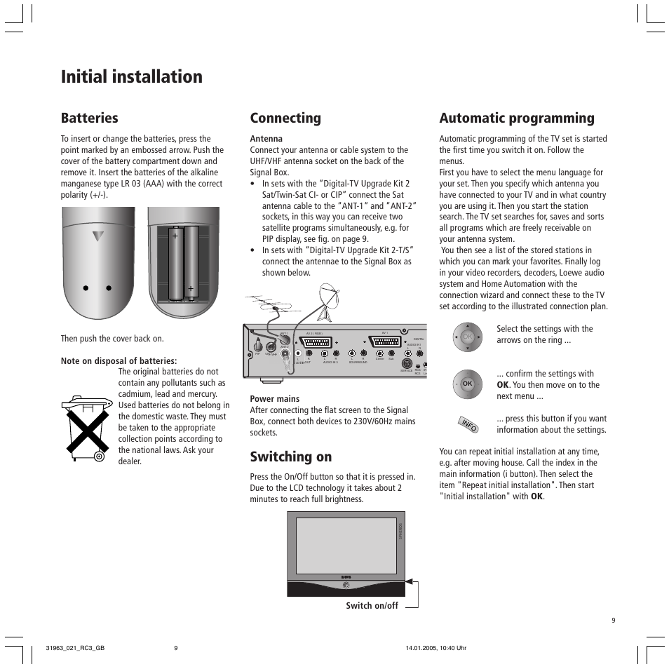 Initial installation, Batteries, Connecting | Switching on, Automatic programming | Loewe SL 37 HD User Manual | Page 9 / 44