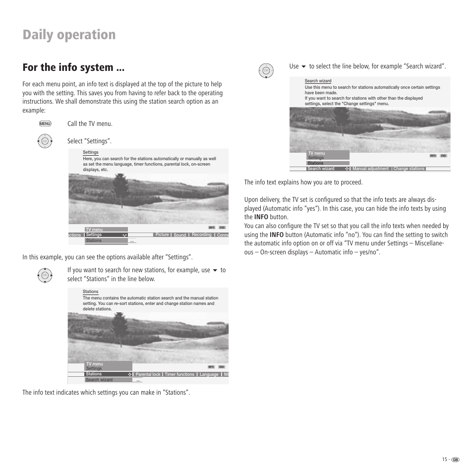 Daily operation, For the info system, Select “settings | Loewe LCD screen TV ConceptL32 User Manual | Page 15 / 44