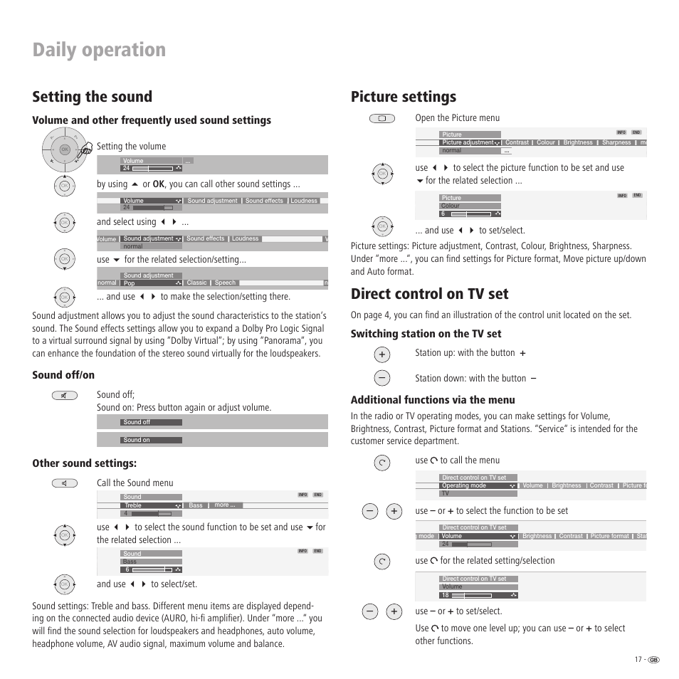 Daily operation, Setting the sound, Picture settings | Direct control on tv set, Volume and other frequently used sound settings, Sound off/on, Other sound settings, Switching station on the tv set, Additional functions via the menu | Loewe LCD screen TV ConceptL32 User Manual | Page 17 / 44
