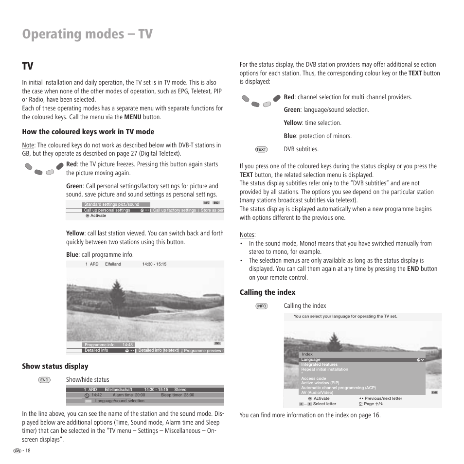 Operating modes – tv, How the coloured keys work in tv mode, Show status display | Calling the index, Show/hide status | Loewe LCD screen TV ConceptL32 User Manual | Page 18 / 44