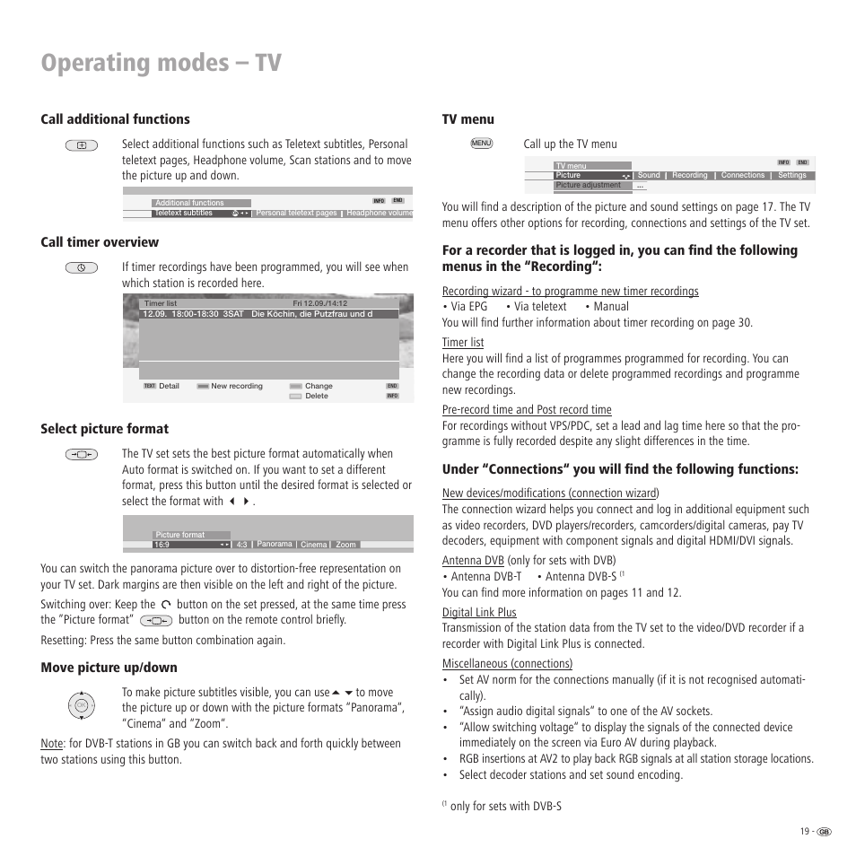 Operating modes – tv, Call additional functions, Call timer overview | Select picture format, Move picture up/down, Tv menu | Loewe LCD screen TV ConceptL32 User Manual | Page 19 / 44