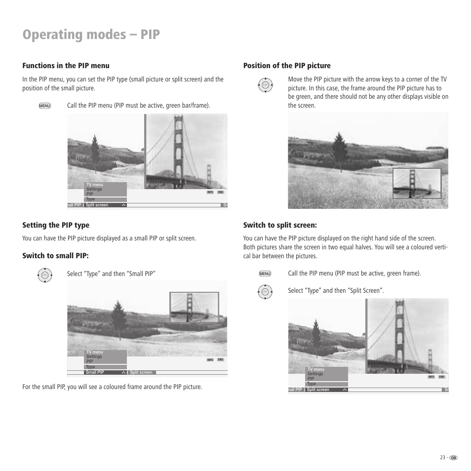 Operating modes – pip, Functions in the pip menu, Setting the pip type | Switch to small pip, Position of the pip picture, Switch to split screen | Loewe LCD screen TV ConceptL32 User Manual | Page 23 / 44