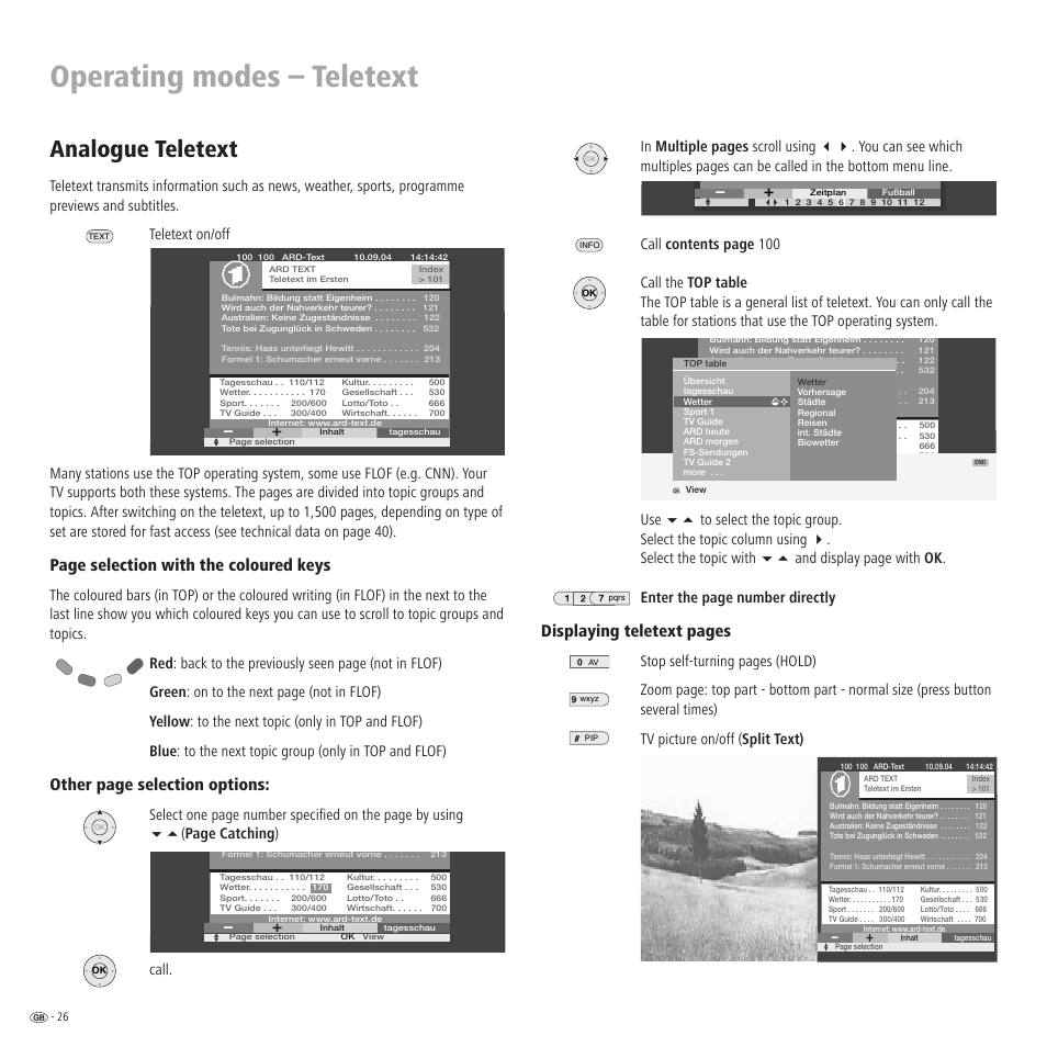 Operating modes – teletext, Analogue teletext, Displaying teletext pages | Page selection with the coloured keys, Other page selection options | Loewe LCD screen TV ConceptL32 User Manual | Page 26 / 44