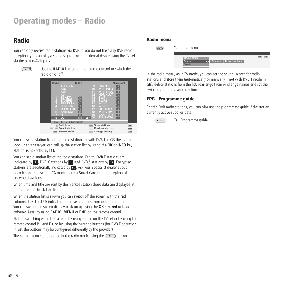 Operating modes – radio, Radio, Radio menu | Epg - programme guide, Dvb-c stations by, And dvb-s stations by | Loewe LCD screen TV ConceptL32 User Manual | Page 28 / 44
