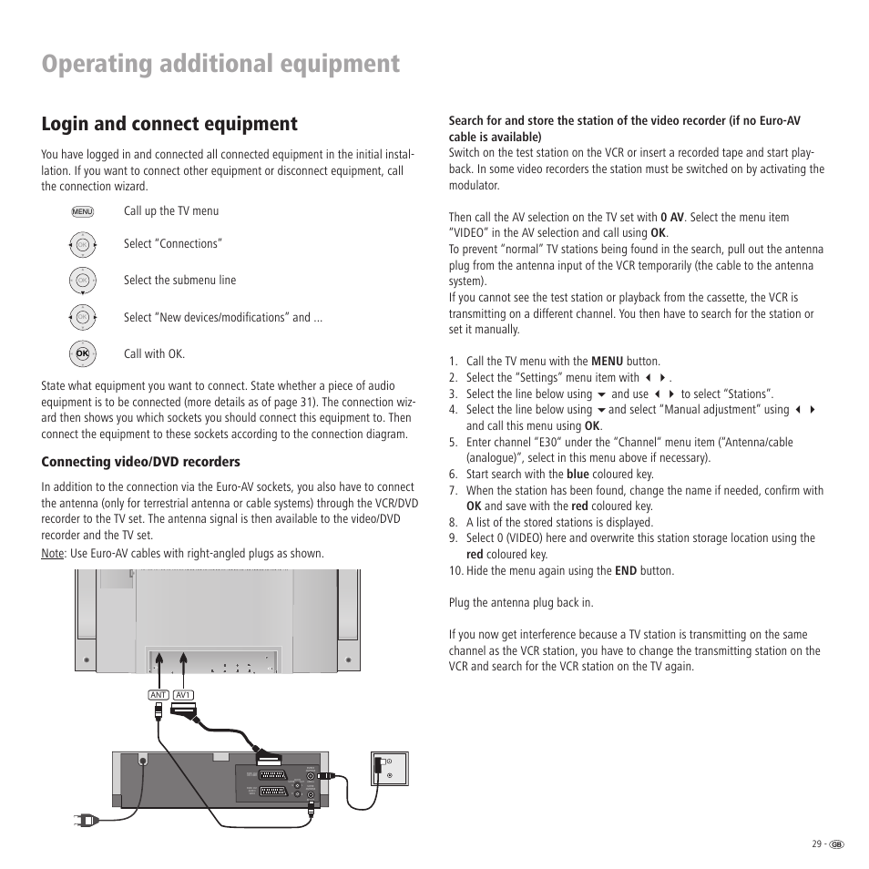 Operating additional equipment, Login and connect equipment, Connecting video/dvd recorders | Loewe LCD screen TV ConceptL32 User Manual | Page 29 / 44
