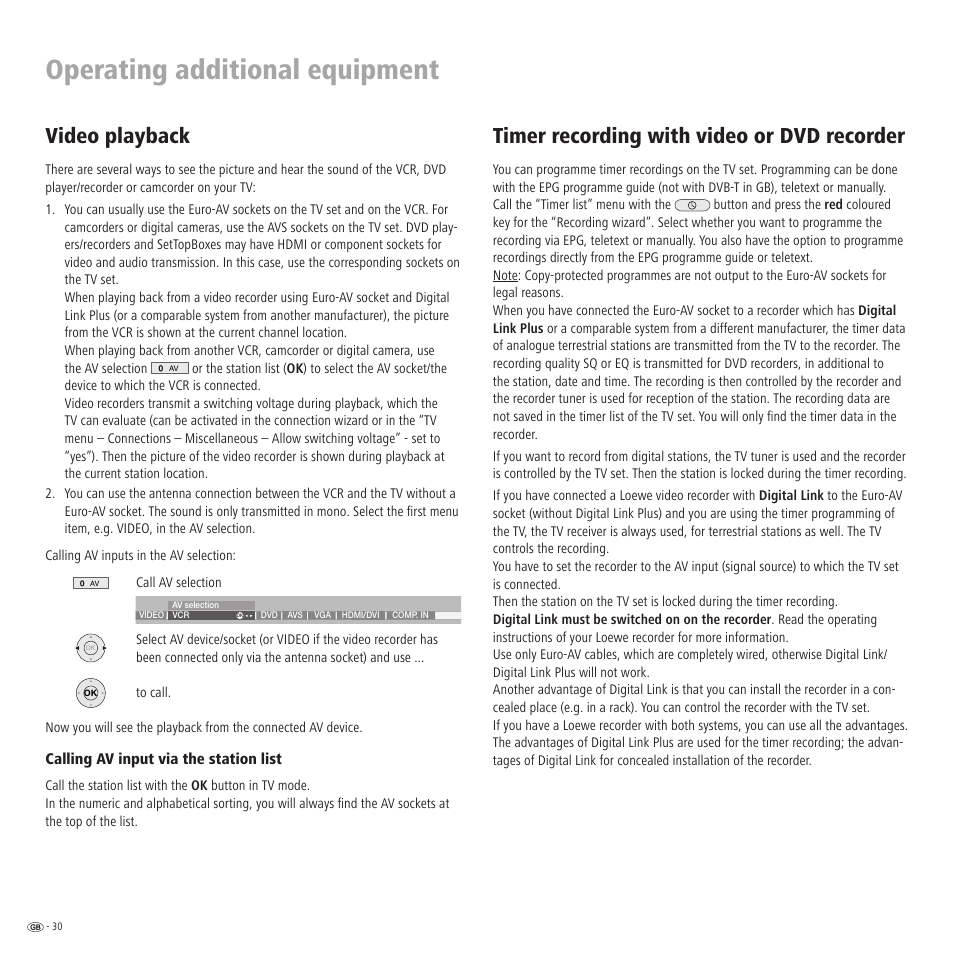 Operating additional equipment, Timer recording with video or dvd recorder, Video playback | Loewe LCD screen TV ConceptL32 User Manual | Page 30 / 44