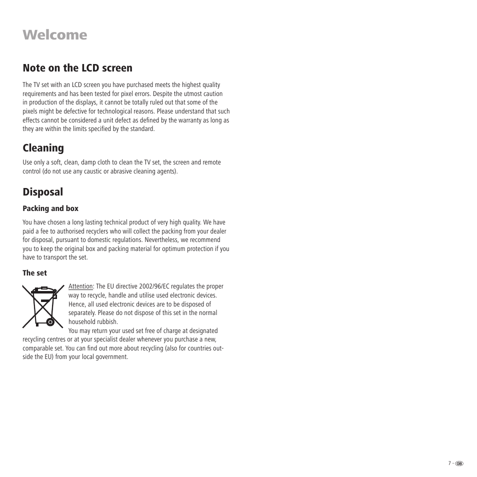 Welcome, Cleaning, Disposal | Loewe LCD screen TV ConceptL32 User Manual | Page 7 / 44