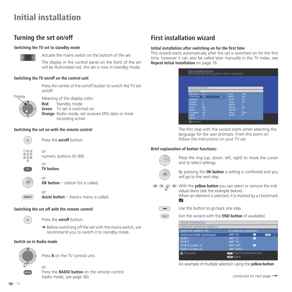 Initial installation, Turning the set on/off, First installation wizard | Loewe CONNECT 37 User Manual | Page 12 / 64