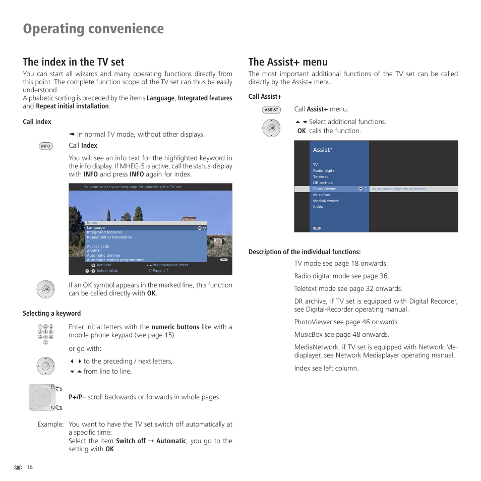 Operating convenience, The index in the tv set, The assist+ menu | Loewe CONNECT 37 User Manual | Page 16 / 64