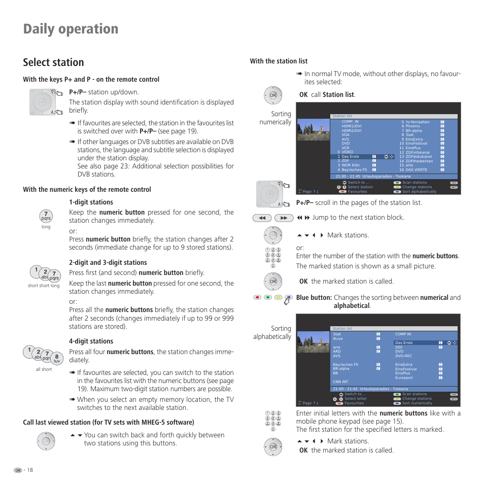Daily operation, Select station, Sorting numerically sorting alphabetically | Loewe CONNECT 37 User Manual | Page 18 / 64