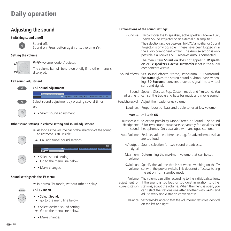Daily operation, Adjusting the sound | Loewe CONNECT 37 User Manual | Page 20 / 64