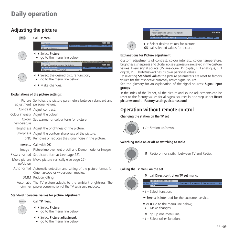 Daily operation, Adjusting the picture, Operation without remote control | Loewe CONNECT 37 User Manual | Page 21 / 64
