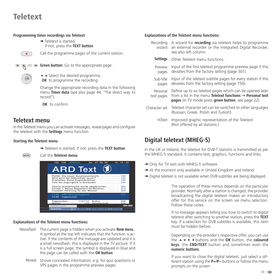 Teletext, Ard text, Teletext menu | Digital teletext (mheg-5) | Loewe CONNECT 37 User Manual | Page 33 / 64