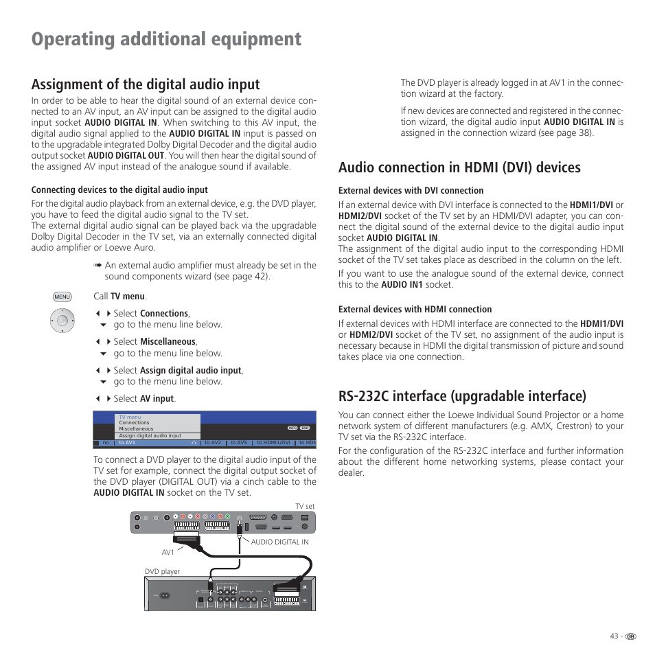 Operating additional equipment, Assignment of the digital audio input, Audio connection in hdmi (dvi) devices | Rs-232c interface (upgradable interface), Pcm/mpeg2/ac3/dts | Loewe CONNECT 37 User Manual | Page 43 / 64