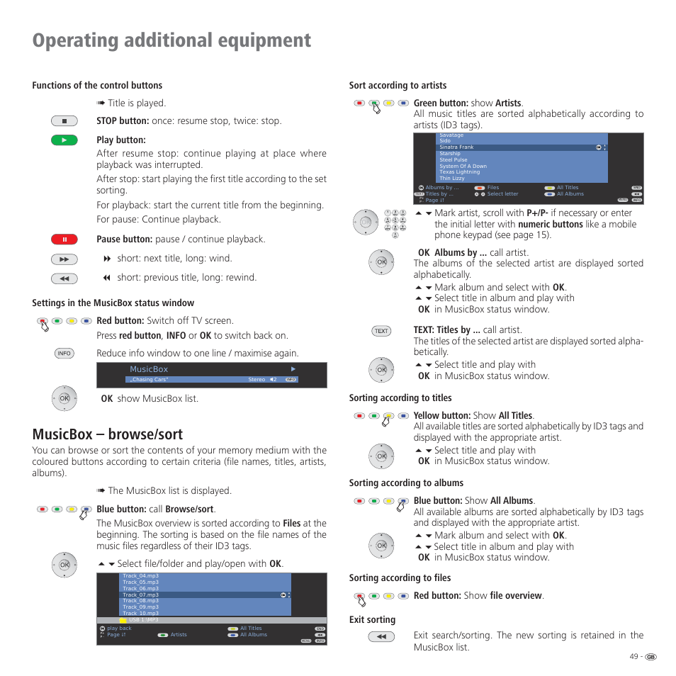 Operating additional equipment, Musicbox – browse/sort | Loewe CONNECT 37 User Manual | Page 49 / 64