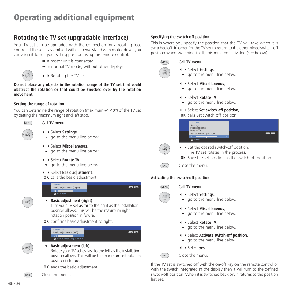 Operating additional equipment, Rotating the tv set (upgradable interface) | Loewe CONNECT 37 User Manual | Page 54 / 64