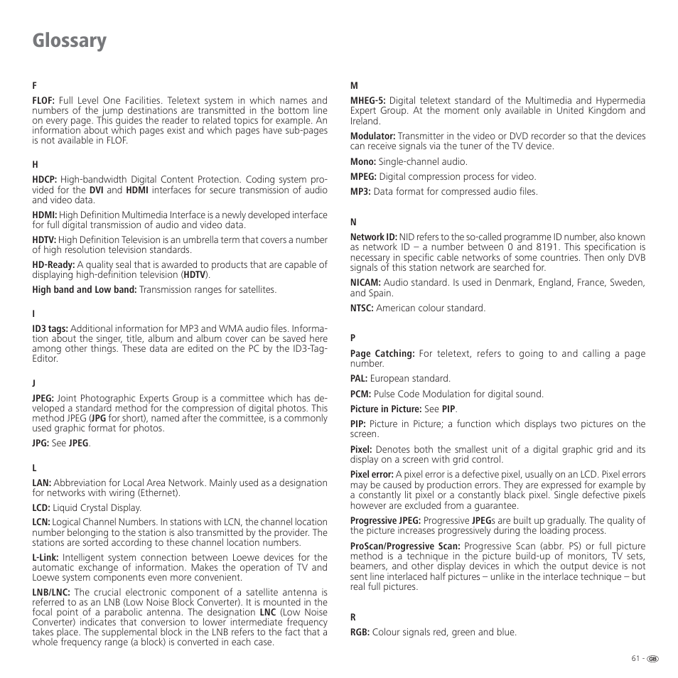Glossary | Loewe CONNECT 37 User Manual | Page 61 / 64