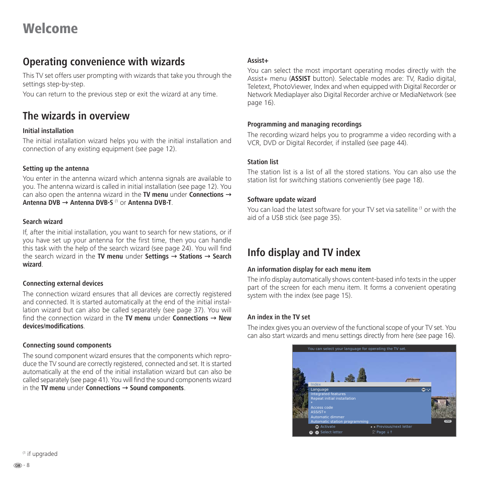 Welcome, Operating convenience with wizards, The wizards in overview | Info display and tv index | Loewe CONNECT 37 User Manual | Page 8 / 64