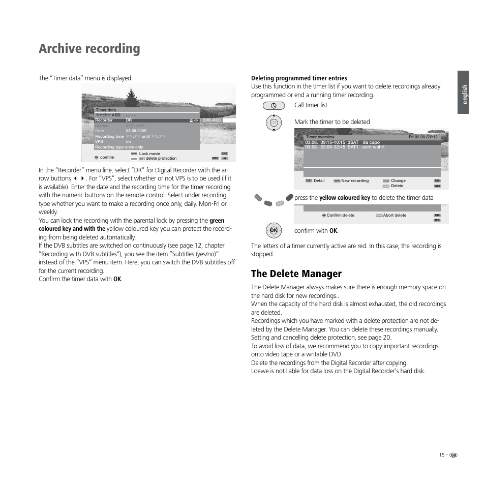 Archive recording, The delete manager, English | Loewe Digital Recorder + User Manual | Page 15 / 22