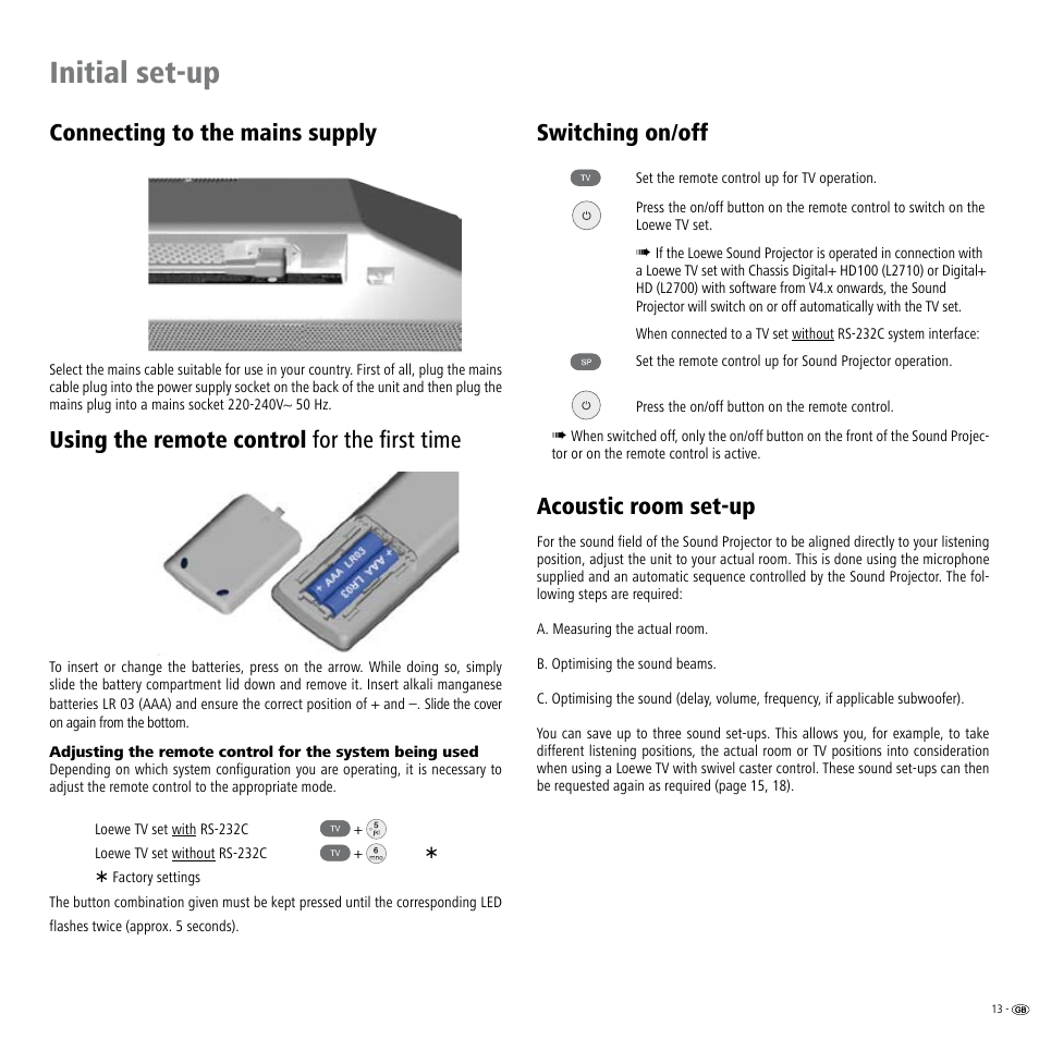 Connecting to the mains supply, Using the remote control for the first time, Switching on/off | Acoustic room set-up, Switching on/off acoustic room set-up, Initial set-up | Loewe Individual Sound Projector User Manual | Page 13 / 30