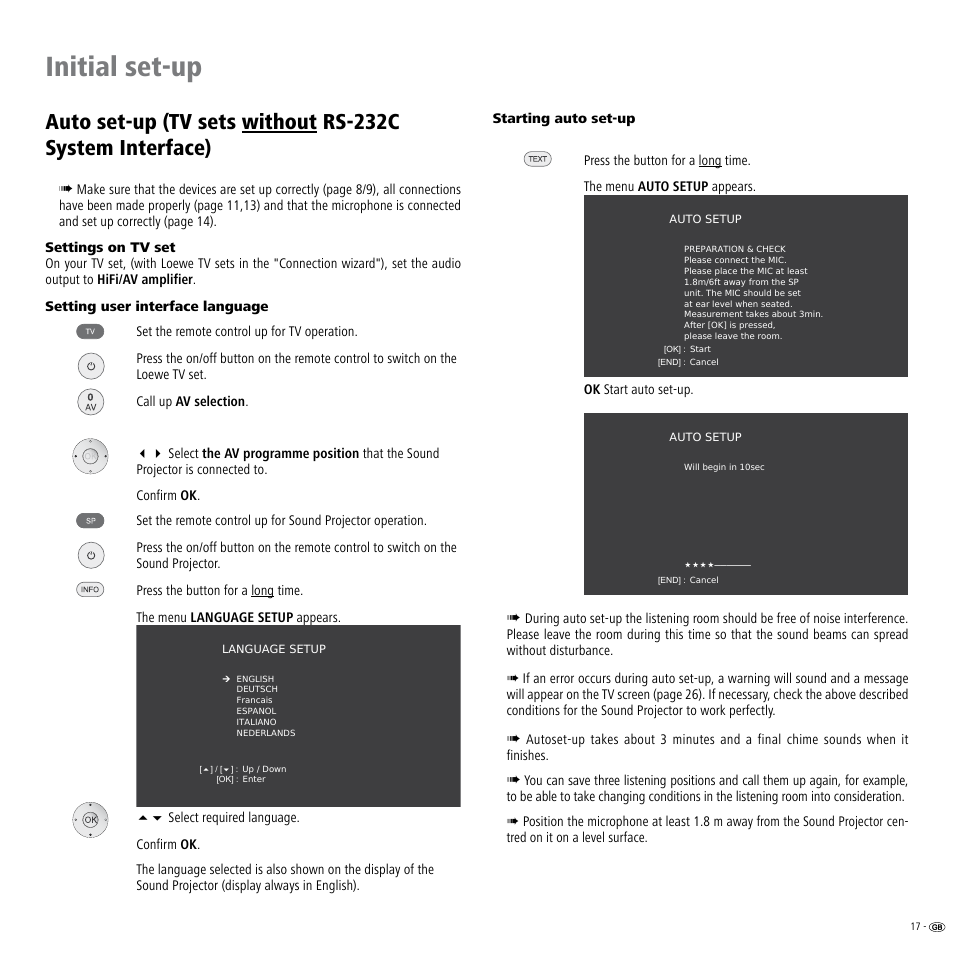Settings on tv set, Setting user interface language, Starting auto set-up | Initial set-up | Loewe Individual Sound Projector User Manual | Page 17 / 30