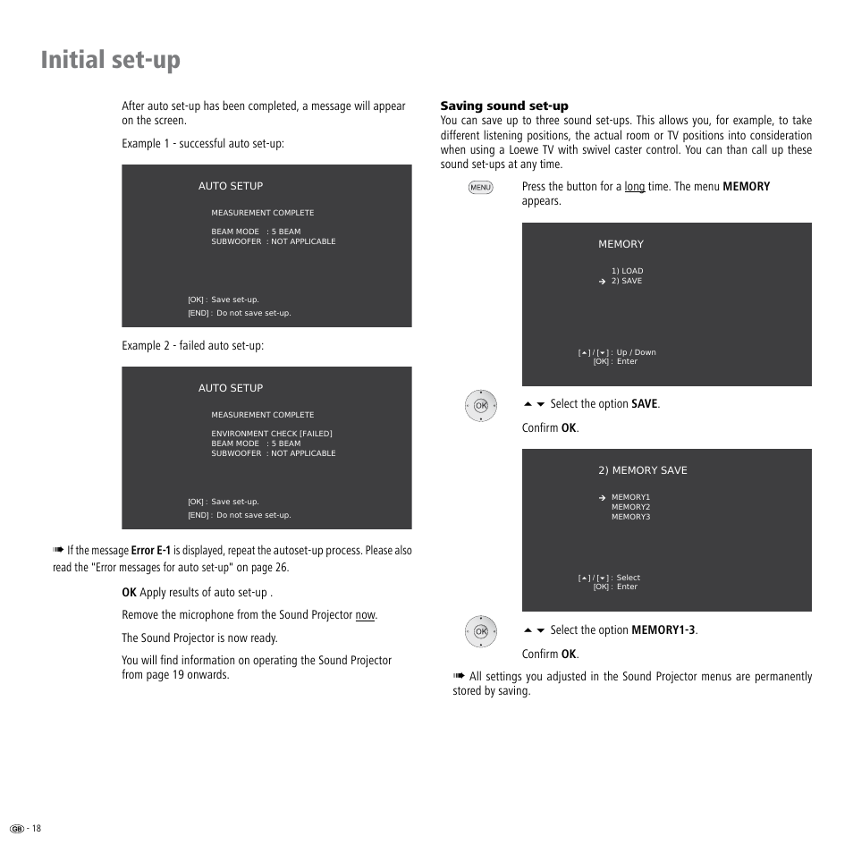 Saving sound set-up, Initial set-up | Loewe Individual Sound Projector User Manual | Page 18 / 30