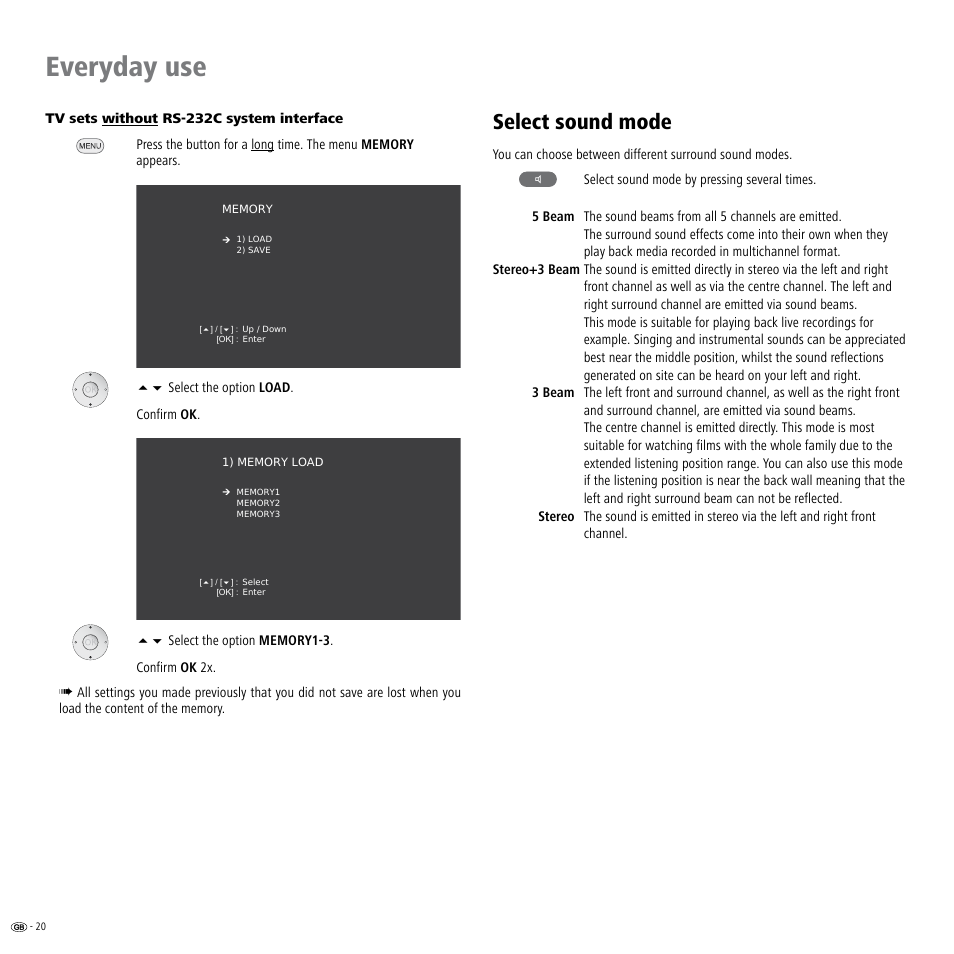 Tv sets without rs-232c system interface, Select sound mode, Everyday use | Loewe Individual Sound Projector User Manual | Page 20 / 30