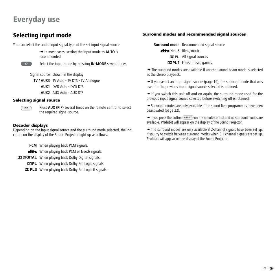 Selecting input mode, Selecting signal source, Decoder displays | Surround modes and recommended signal sources, Everyday use | Loewe Individual Sound Projector User Manual | Page 21 / 30