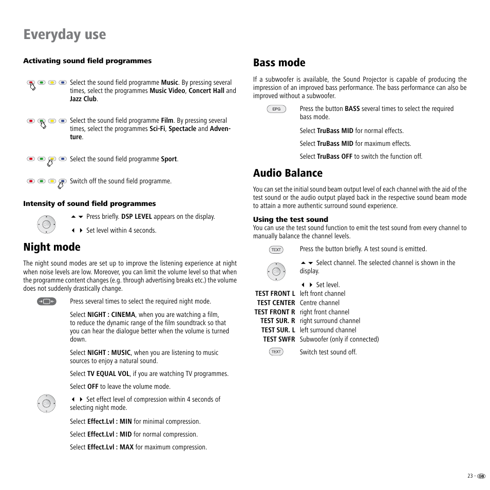 Activating sound field programmes, Intensity of sound field programmes, Night mode | Bass mode, Audio balance, Using the test sound, Everyday use | Loewe Individual Sound Projector User Manual | Page 23 / 30