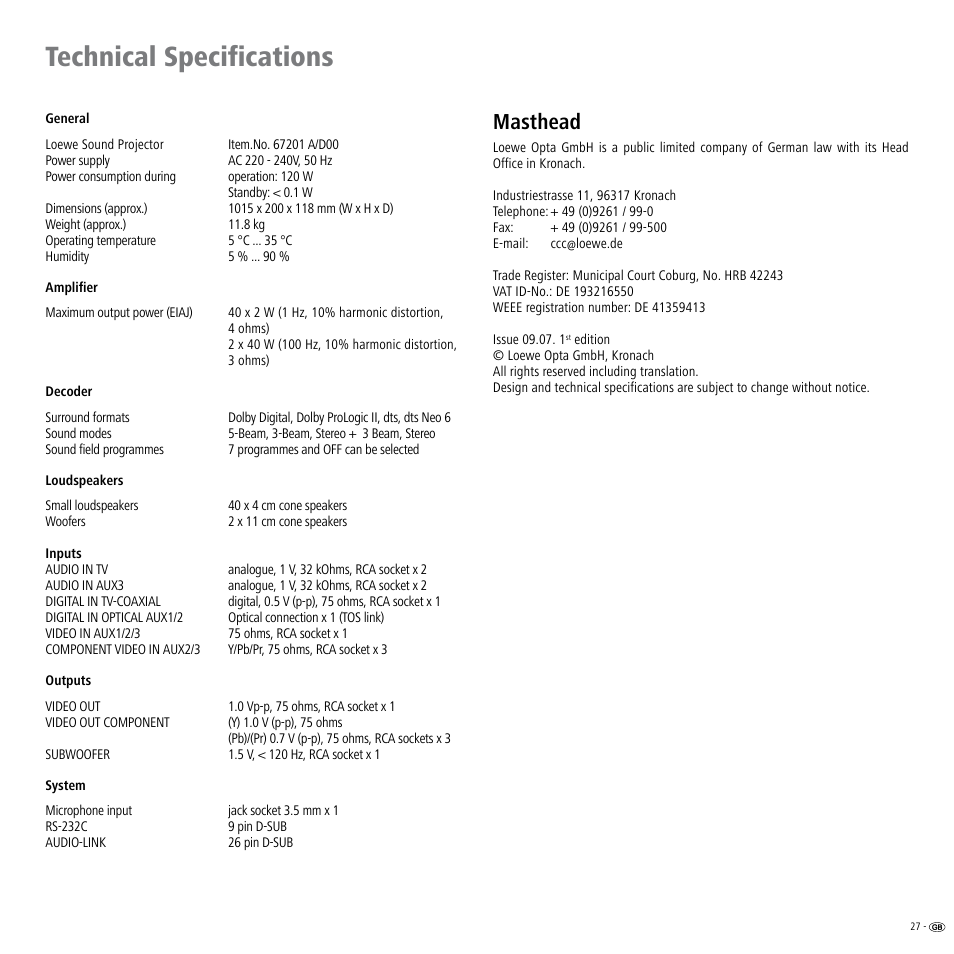 Technical specifications, Masthead | Loewe Individual Sound Projector User Manual | Page 27 / 30