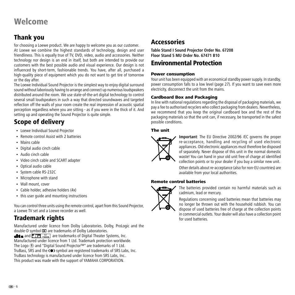 Welcome, Scope of delivery, Accessories | Environmental protection, Power consumption, Cardboard box and packaging, The unit, Remote control batteries, Power consumption cardboard box and packaging, Trademark rights | Loewe Individual Sound Projector User Manual | Page 6 / 30