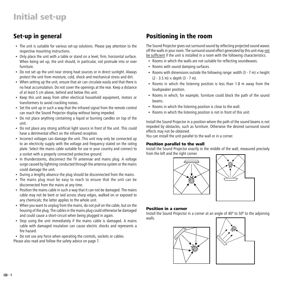 Initial set-up, Set-up in general, Positioning in the room | Position parallel to the wall, Position in a corner, Set-up in general positioning in the room, Position parallel to the wall position in a corner | Loewe Individual Sound Projector User Manual | Page 8 / 30