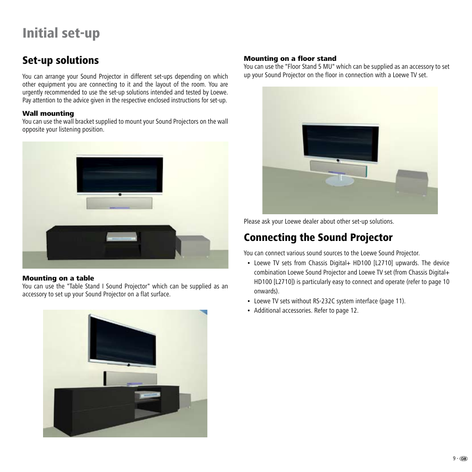 Set-up solutions, Wall mounting, Mounting on a table | Mounting on a floor stand, Connecting the sound projector, Initial set-up | Loewe Individual Sound Projector User Manual | Page 9 / 30