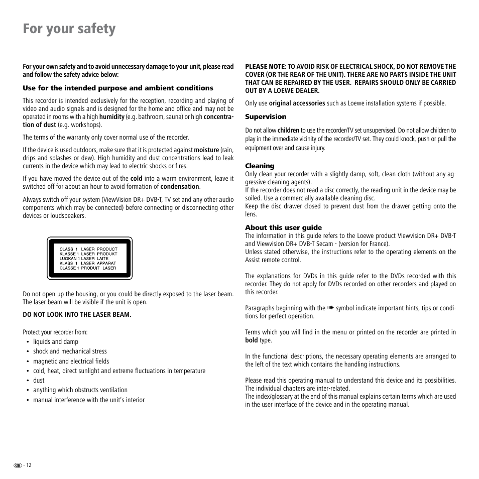 For your safety, Safety 1 | Loewe Viewvision DR+DVB-T User Manual | Page 12 / 71