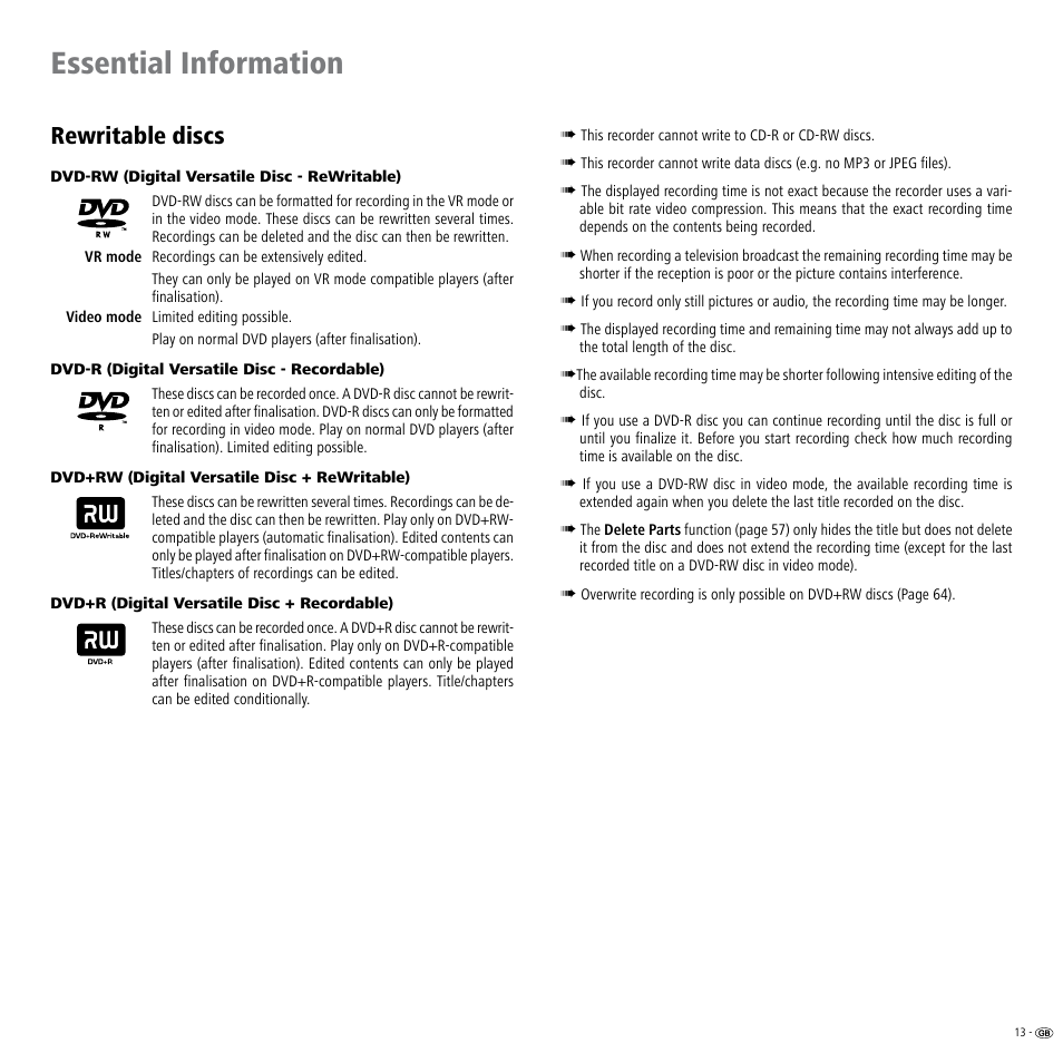 Essential information, Rewritable discs, Rewritable discs 1 | Loewe Viewvision DR+DVB-T User Manual | Page 13 / 71