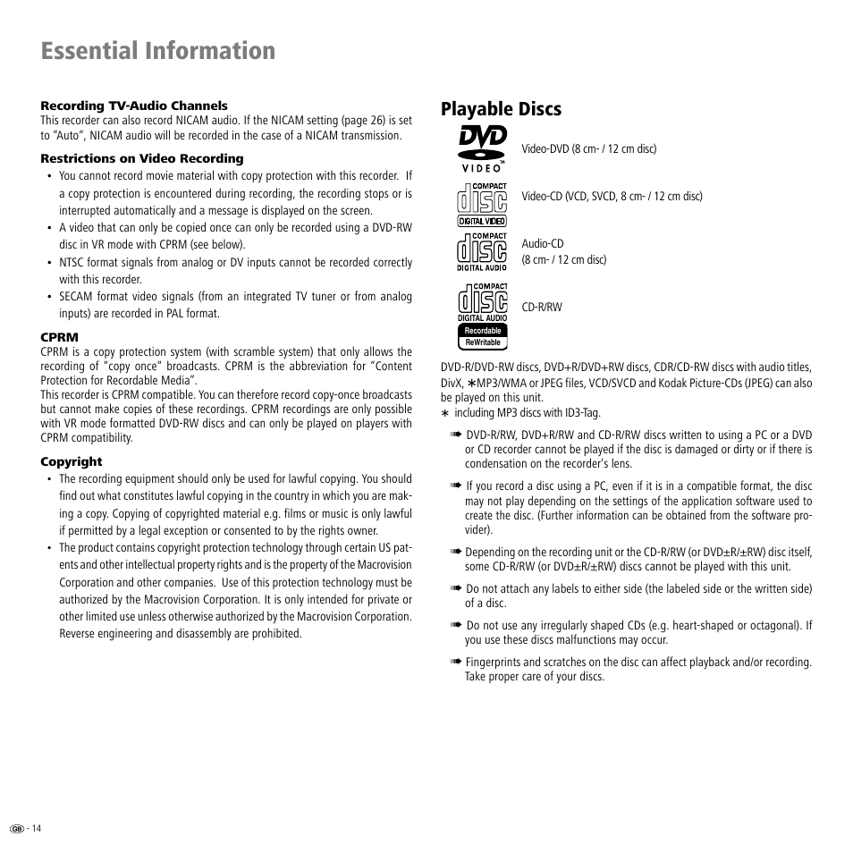 Playable discs, Otection system 14 copyright 14 cprm 14, Essential information | Loewe Viewvision DR+DVB-T User Manual | Page 14 / 71