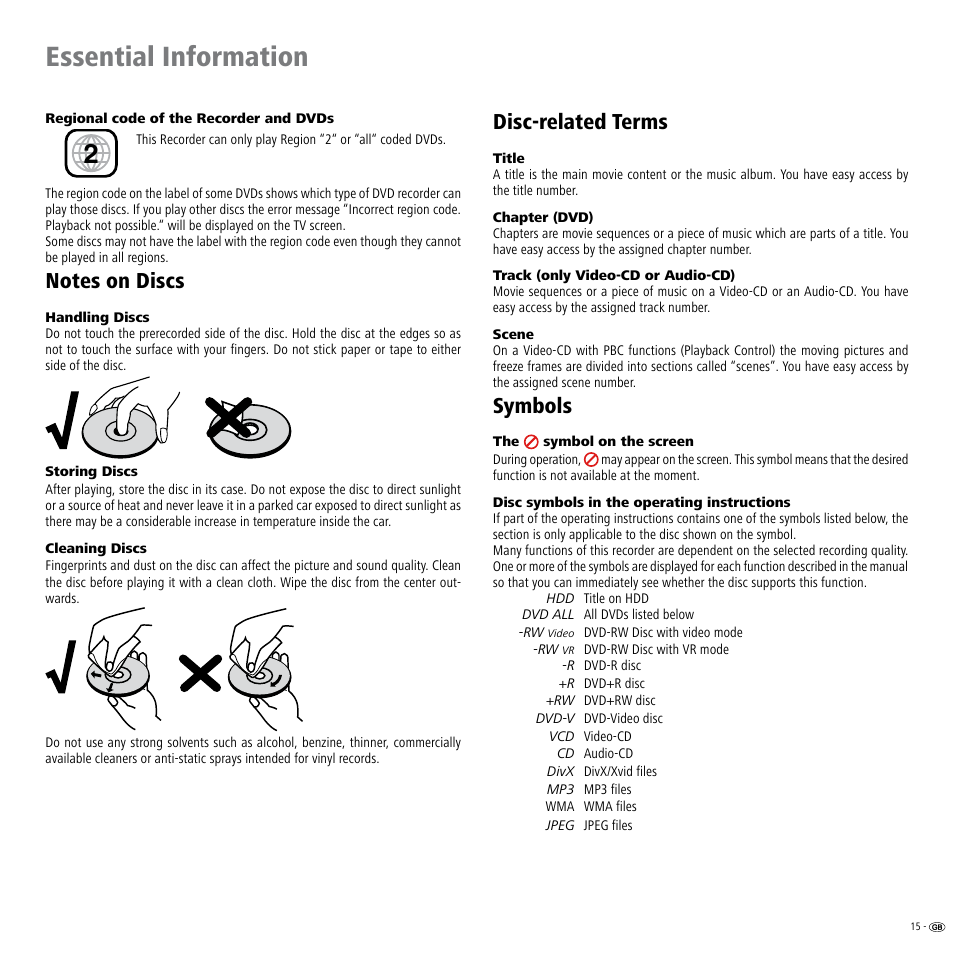 Notes on discs, Disc-related terms, Symbols | Erms 15, Regional code 15, Essential information | Loewe Viewvision DR+DVB-T User Manual | Page 15 / 71