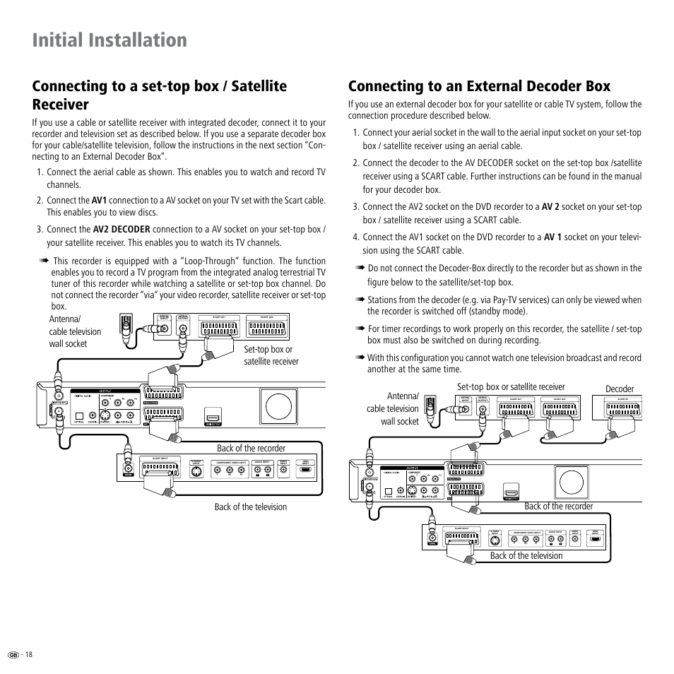 Connecting to a set-top box / satellite receiver, Connecting to an external decoder box, Decoder 18 | Satellite receiver 18, Initial installation | Loewe Viewvision DR+DVB-T User Manual | Page 18 / 71