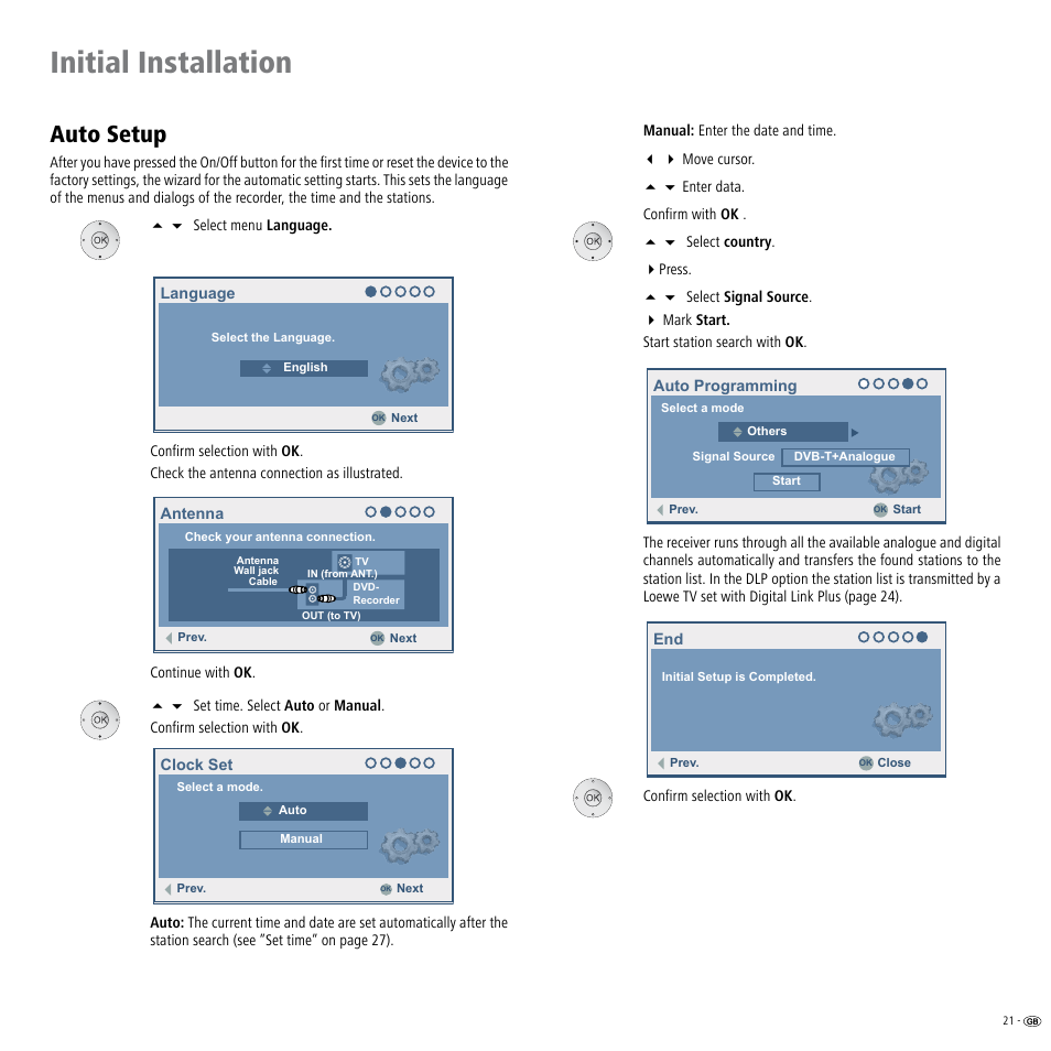 Auto setup, Main menu 1, Initial installation | Loewe Viewvision DR+DVB-T User Manual | Page 21 / 71