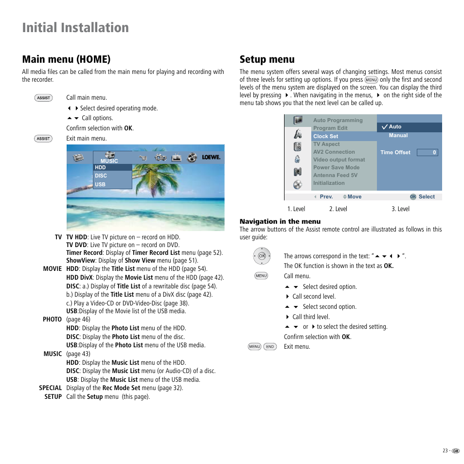 Main menu (home), Setup menu, Initial installation | Loewe Viewvision DR+DVB-T User Manual | Page 23 / 71