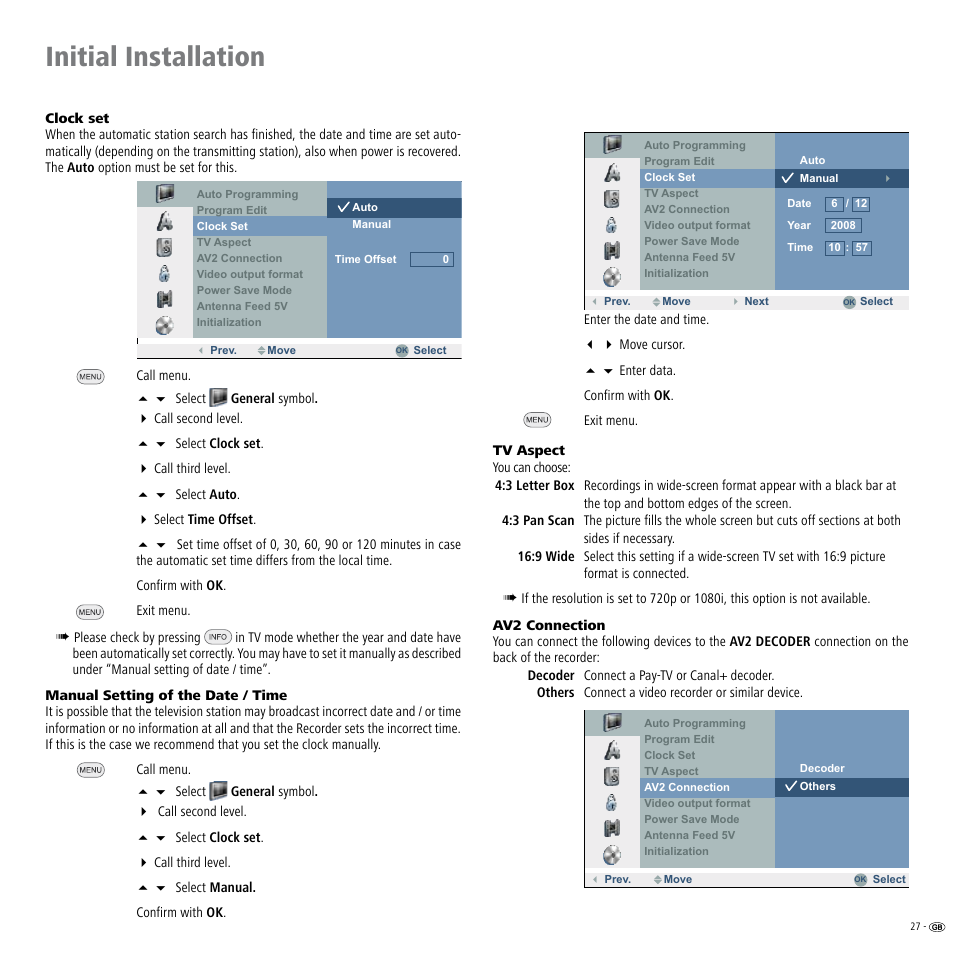 Clock set 7, Initial installation | Loewe Viewvision DR+DVB-T User Manual | Page 27 / 71