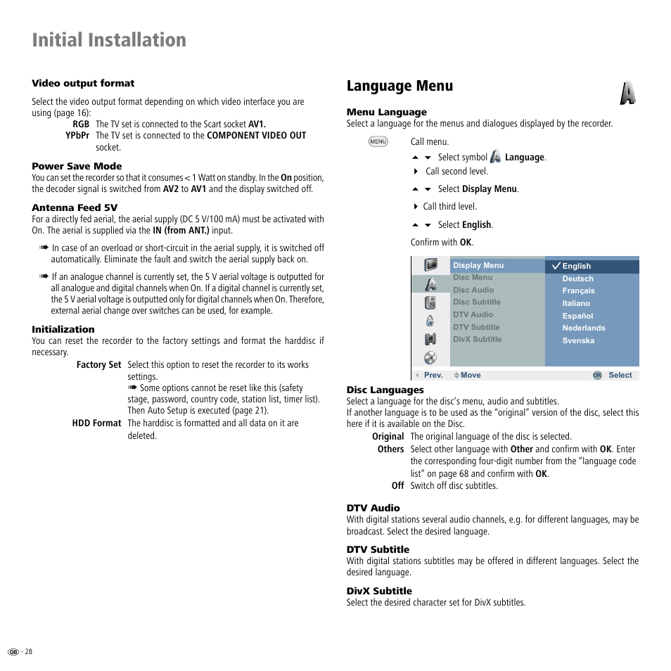 Language menu, Initialisation 8, Language menu 8 | Initial installation | Loewe Viewvision DR+DVB-T User Manual | Page 28 / 71