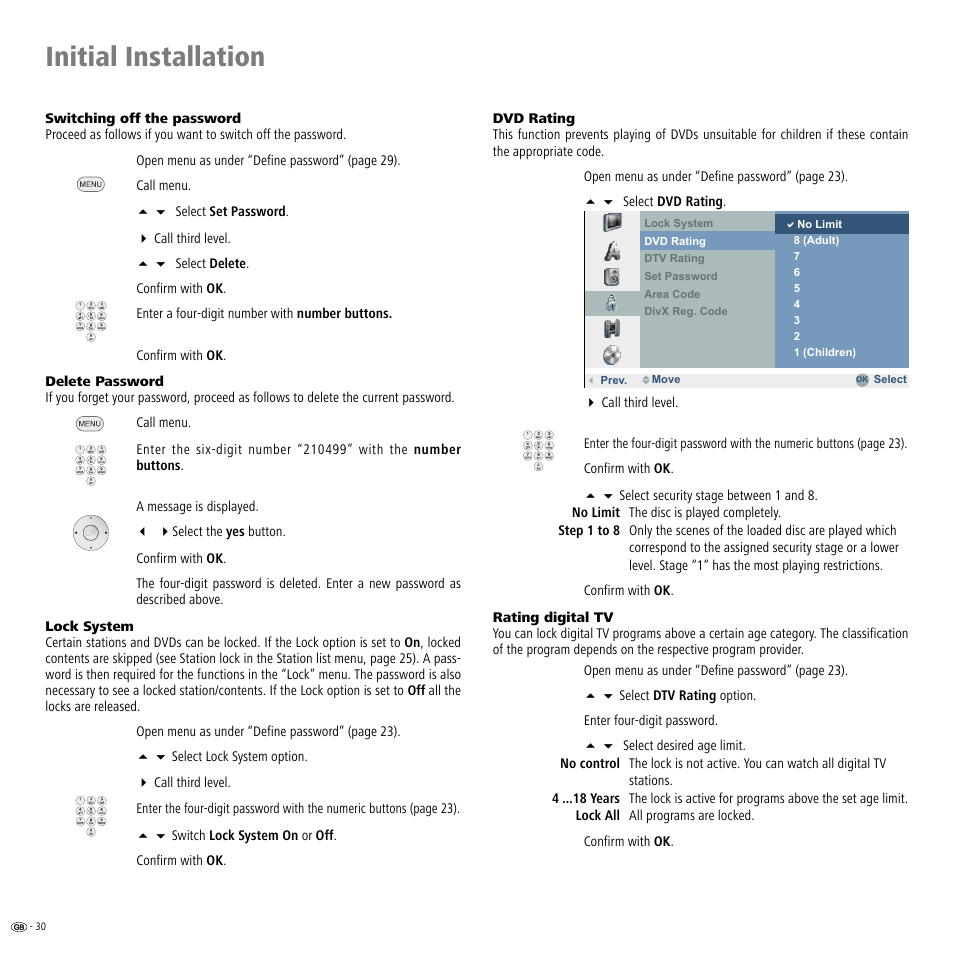 Rating 0, Delete 0, Initial installation | Loewe Viewvision DR+DVB-T User Manual | Page 30 / 71