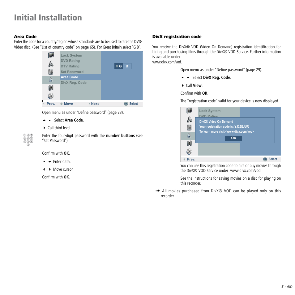 Ation code 1, Initial installation | Loewe Viewvision DR+DVB-T User Manual | Page 31 / 71